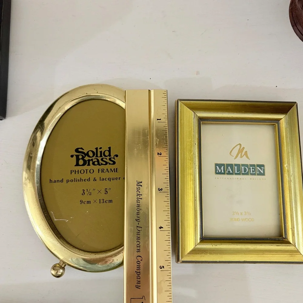 Vintage Picture Frame Set Solid Brass Oval 3.5x5 & Malden Gold Wood 2.5x3.5